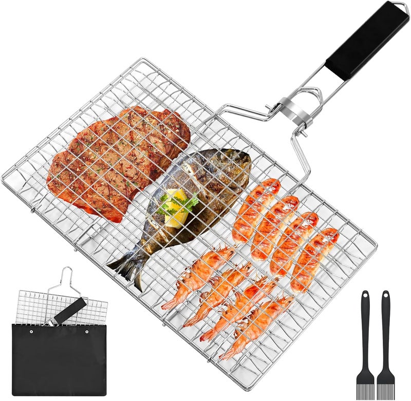 Ribber Fish Grill Baskets，Folding Portable Fish Grilling Rack For Grill, BBQ Grilling Basket, Stainless Steel Grill Basket For Veggies, Shrimp, Meat Cook，Come With Storage Bag and Two Basting Brush - Image 1